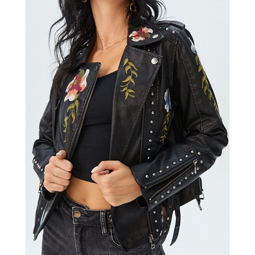 Women's Xhpy Black Studded Faux Leather Jacket Moto Punk Jacket Floral Coat